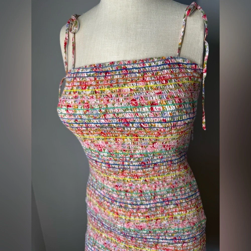 Storia Rainbow Floral Smocked Ruffle Bodycon Spaghetti Tie Strap Mini Dress Sz S